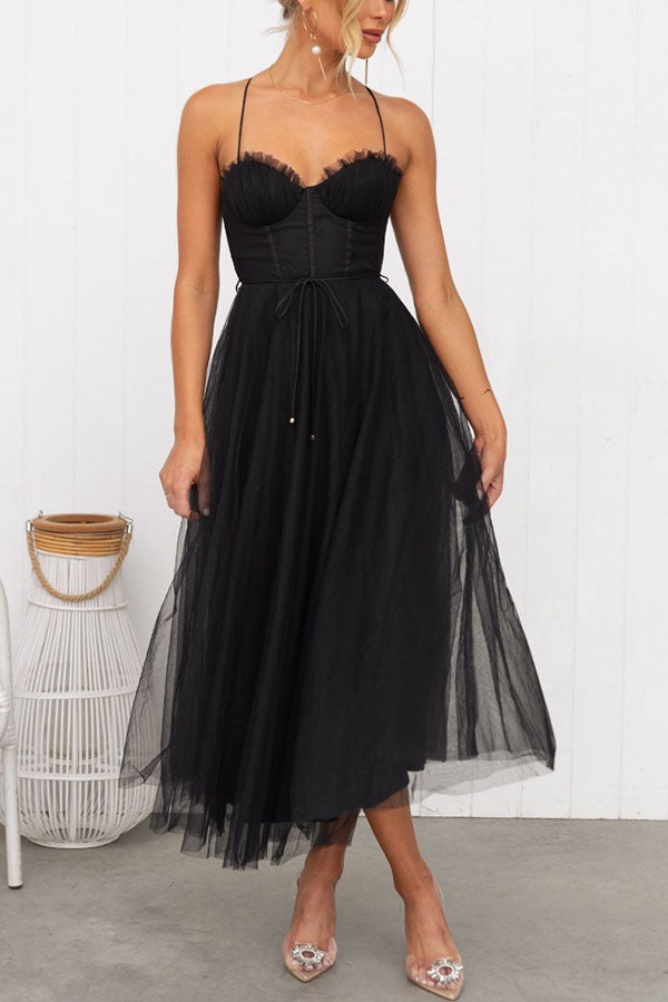 Sophisticated women's evening dress, a corset tulle midi for weddings & formal events.