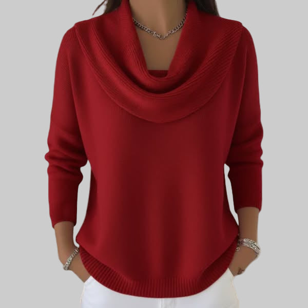 Elegant women's cowl neck knit sweater in a cozy, versatile winter fashion style, perfect for comfort.