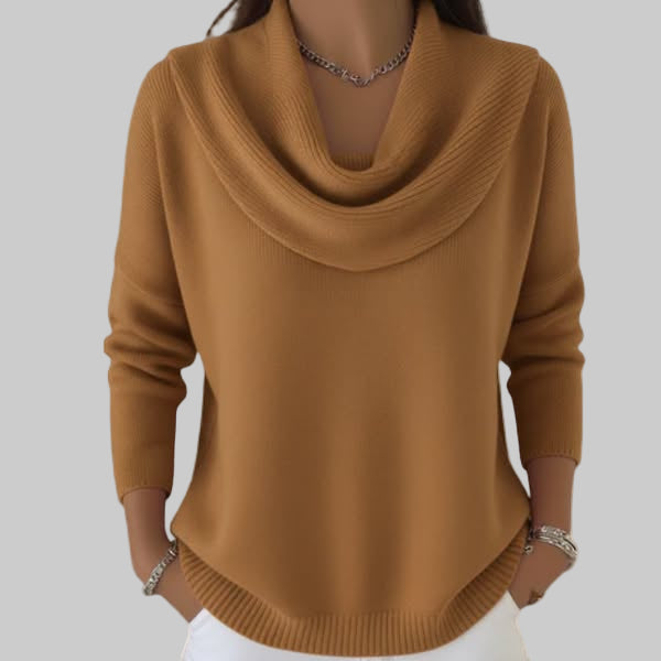 Women's elegant cowl neck knit sweater, a chic and comfortable top for versatile winter fashion outfits.