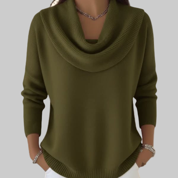 Versatile women's elegant cowl neck knit sweater, a cozy and stylish top for cold weather comfort.
