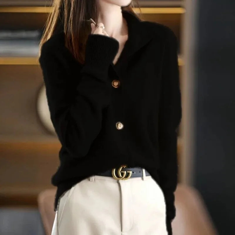Women's relaxed fit marine blue knit cardigan, button-up design, offering both comfort and chic style