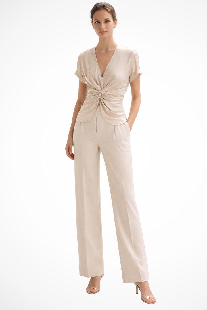Elegant women's cream V-neck blouse with twist front detail, short sleeves, perfect for chic workwear & sophisticated casual.