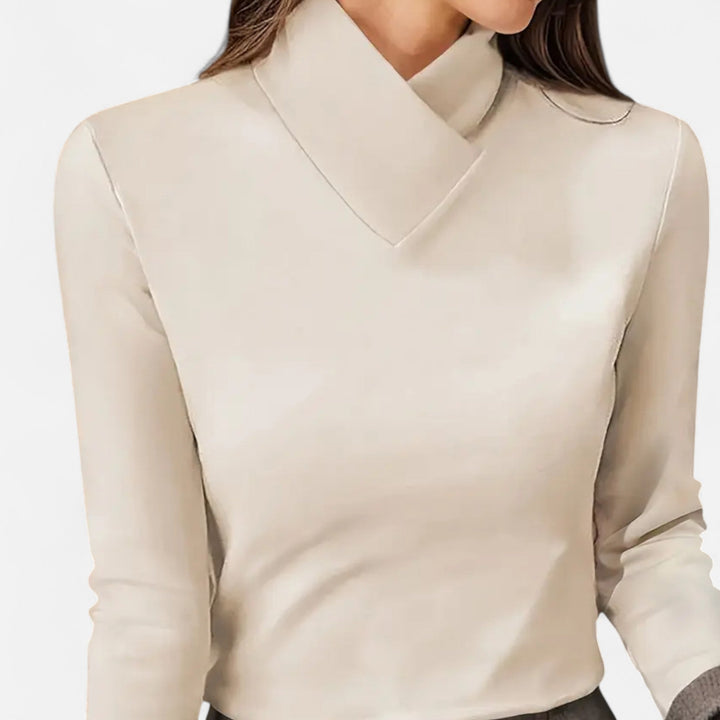 Elegant women's criss-cross neck blouse with long sleeves, perfect for casual or workwear. Versatile fall fashion.