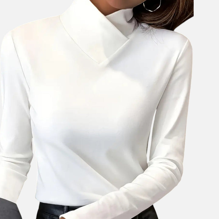 Versatile long sleeve blouse for women, featuring an elegant criss-cross neck. Great for work or a stylish outing.