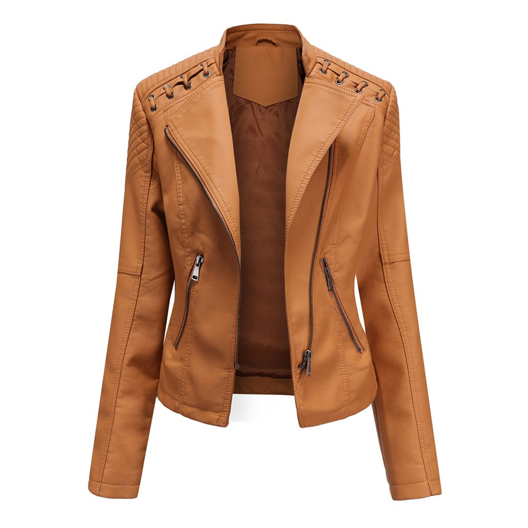 Elegant women's cropped zip-up jacket in black with asymmetrical front zipper, perfect for a trendy spring look