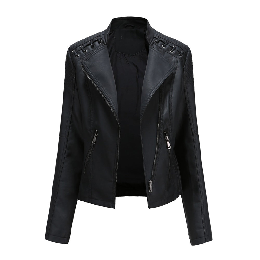 Trendy women's black cropped zip-up jacket with asymmetrical lines, a chic and modern spring fashion statement