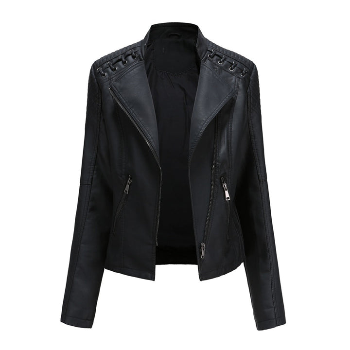 Trendy women's black cropped zip-up jacket with asymmetrical lines, a chic and modern spring fashion statement