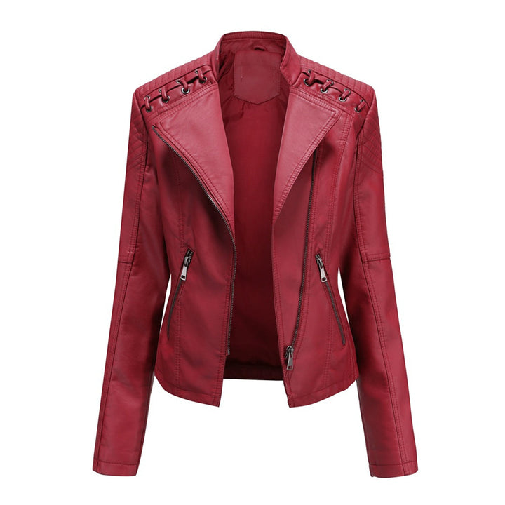 Fashionable women's cropped jacket with a high collar and asymmetrical zip, versatile for various spring outfits