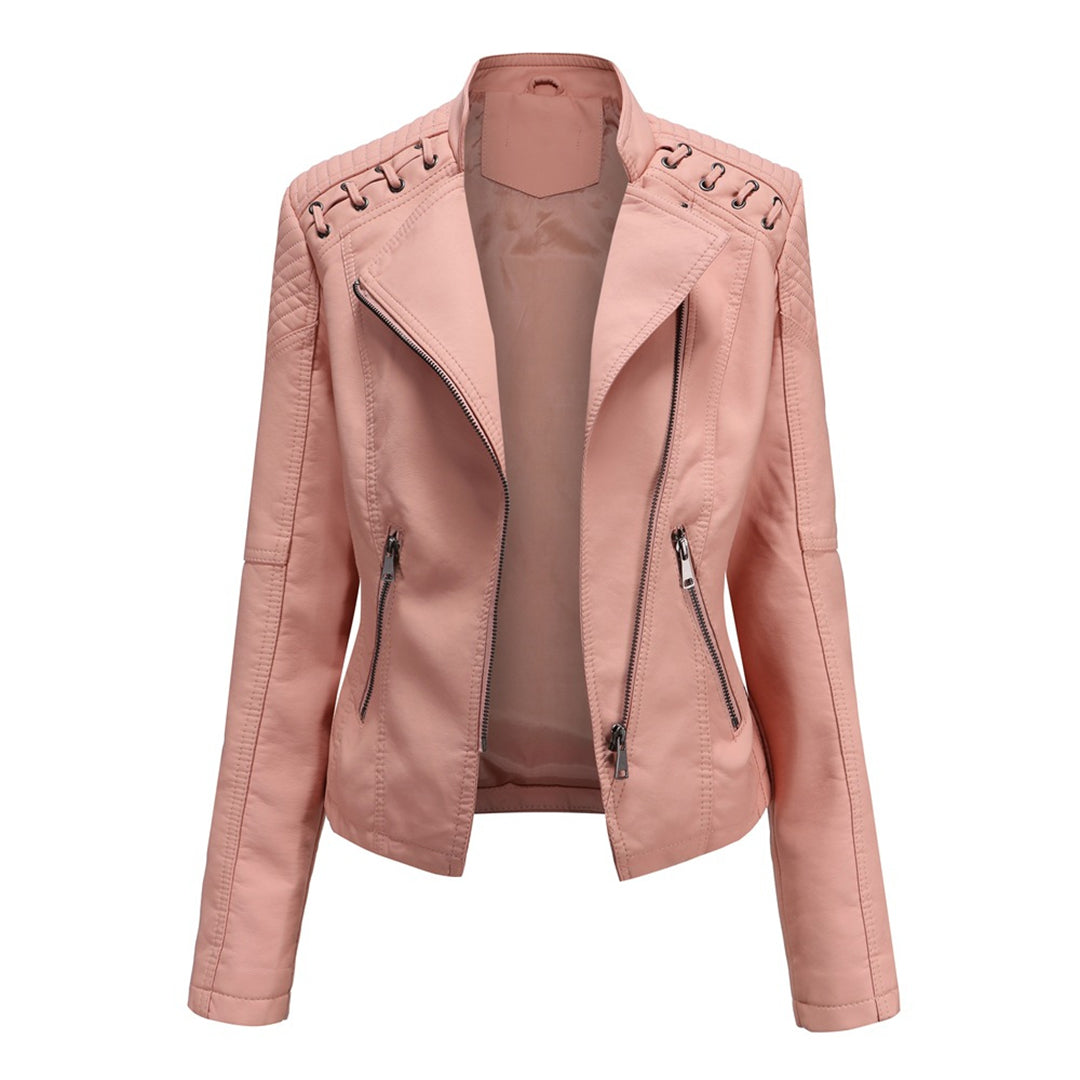 Black women's cropped zip jacket, showcasing its asymmetrical silhouette and trendy, modern aesthetic