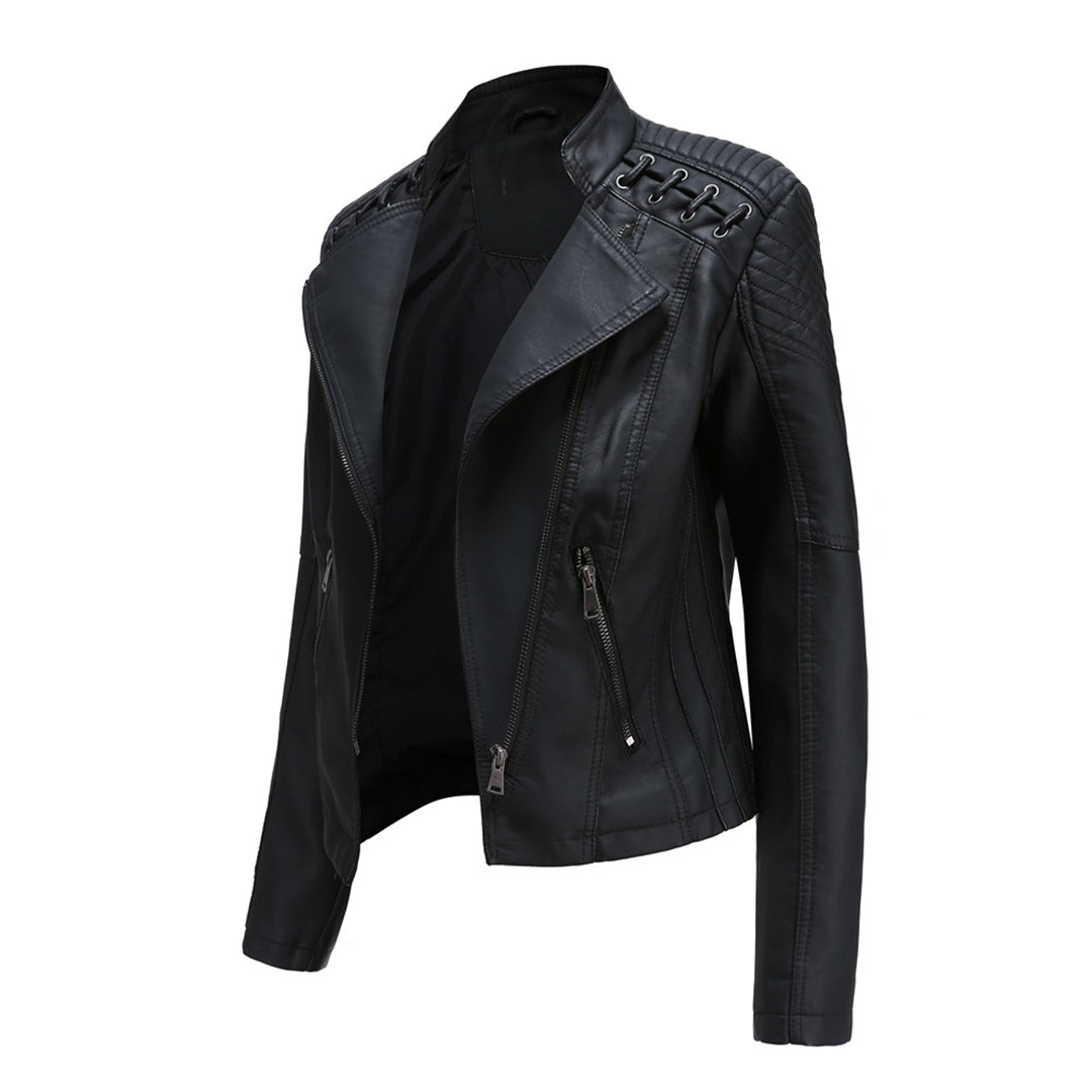 Full view of women's cropped zip-up jacket with prominent asymmetrical detailing, a must-have spring fashion item
