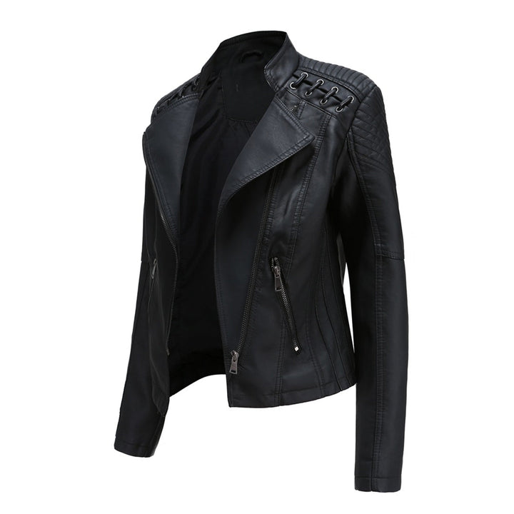 Full view of women's cropped zip-up jacket with prominent asymmetrical detailing, a must-have spring fashion item