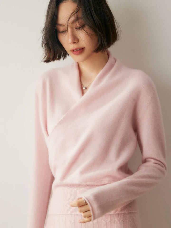 Elegant women's crossover wrap sweater with deep V-neck, perfect for winter and office wear.