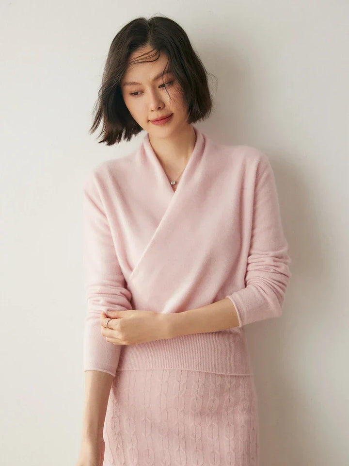 Back view of the women's sophisticated wrap knitwear, highlighting its comfortable fit.