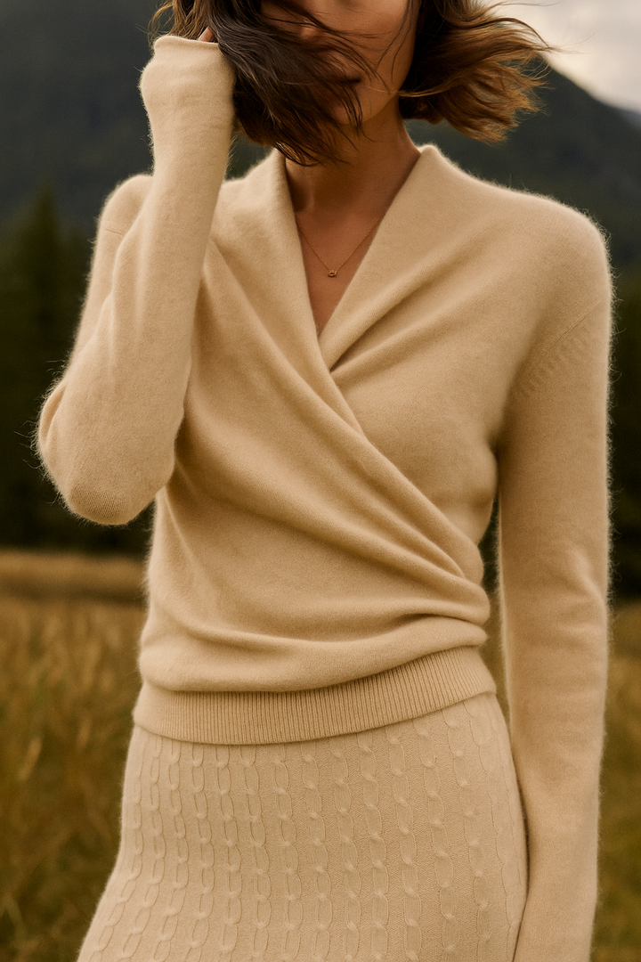 Model from behind, showing the flattering drape of a women's crossover wrap sweater.