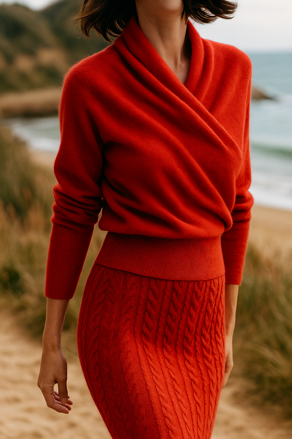 Candid shot of a woman enjoying coffee while wearing a cozy women's wrap sweater.