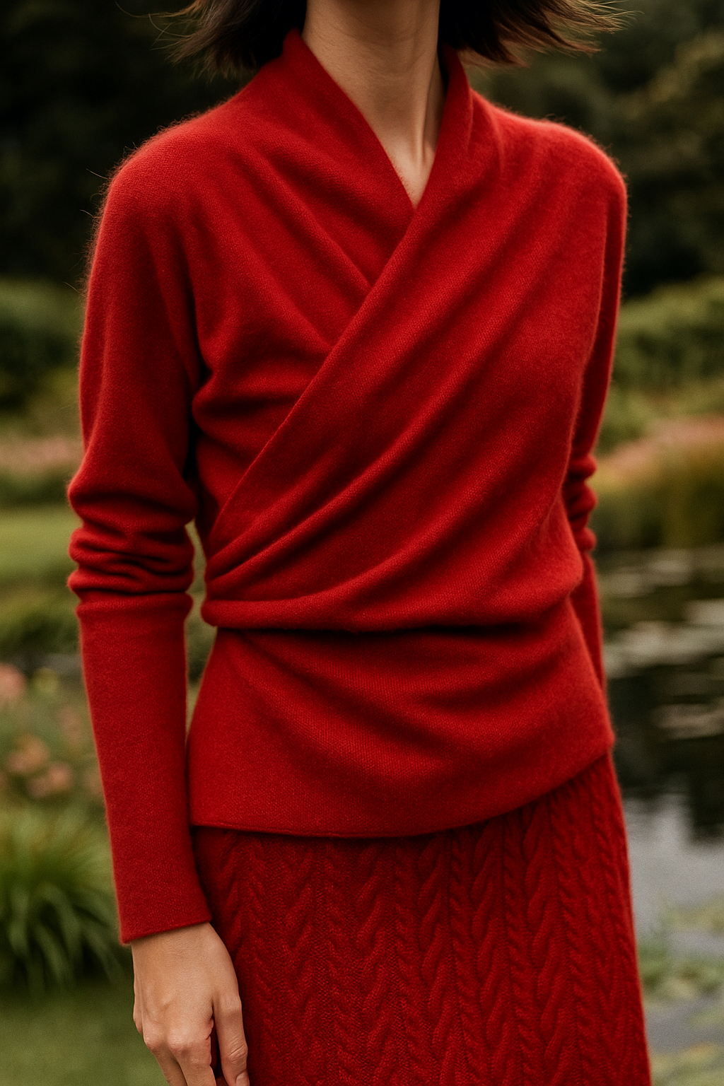 Women's sophisticated black crossover wrap sweater, a must-have for a capsule wardrobe.
