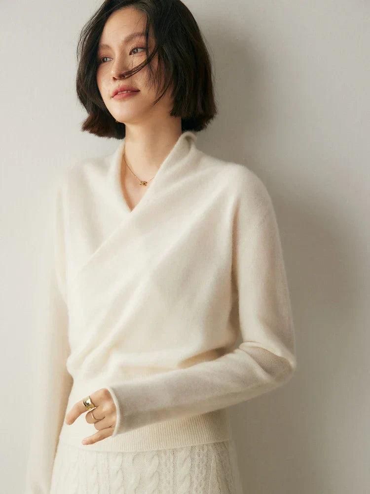 Model wearing a stylish black women's crossover wrap sweater with tailored pants.