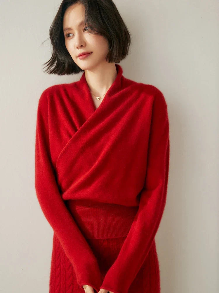 Side view of the women's wrap knitwear, showcasing its flattering crossover design.