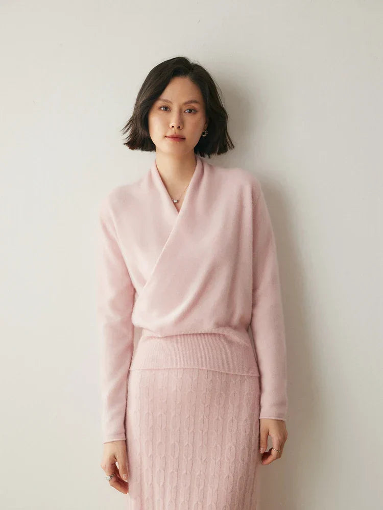 Women's casual yet chic crossover wrap sweater in a rich forest green color.