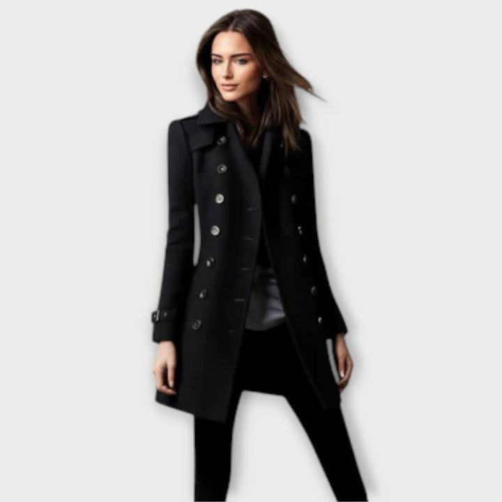 Fashionable long classic trench coat for women, showing stylish double-breasted detail.