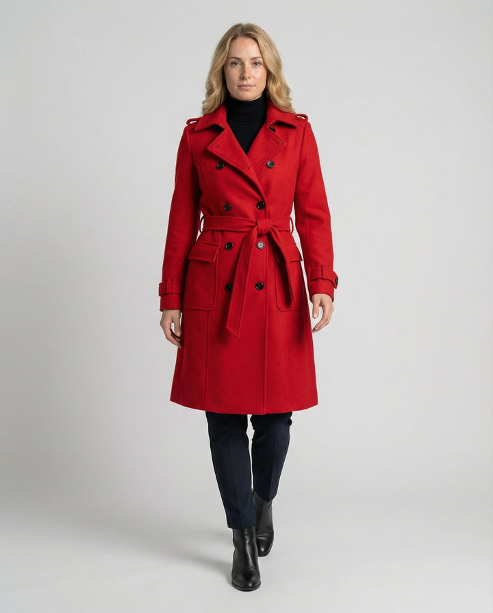 Elegant women's double-breasted full-length coat, tailored fit for winter and fall fashion outerwear.