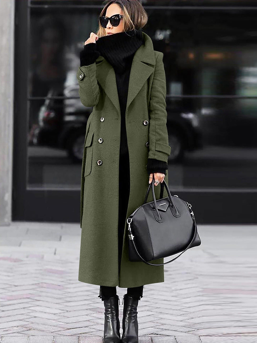 Premium women's double-breasted full-length coat, tailored for an elegant winter and fall fashion statement.