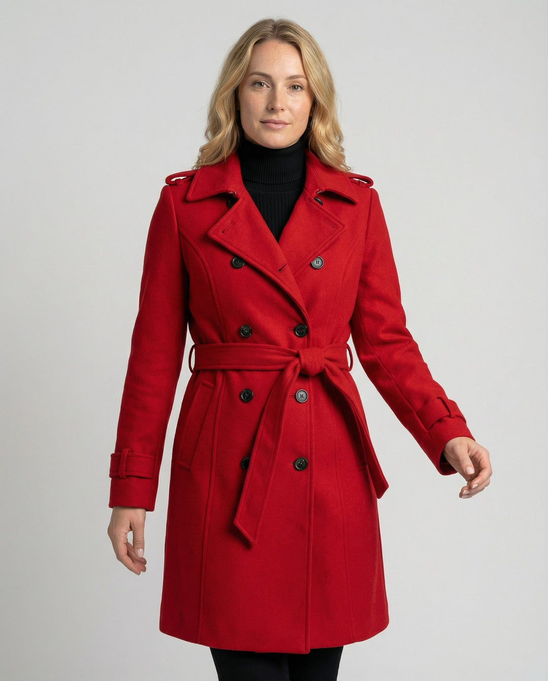 Stylish women's double-breasted winter jacket, full-length and tailored, perfect for cold weather.