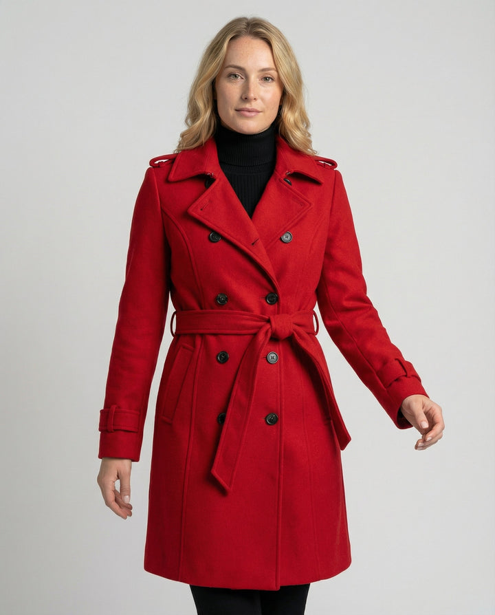Stylish women's double-breasted winter jacket, full-length and tailored, perfect for cold weather.