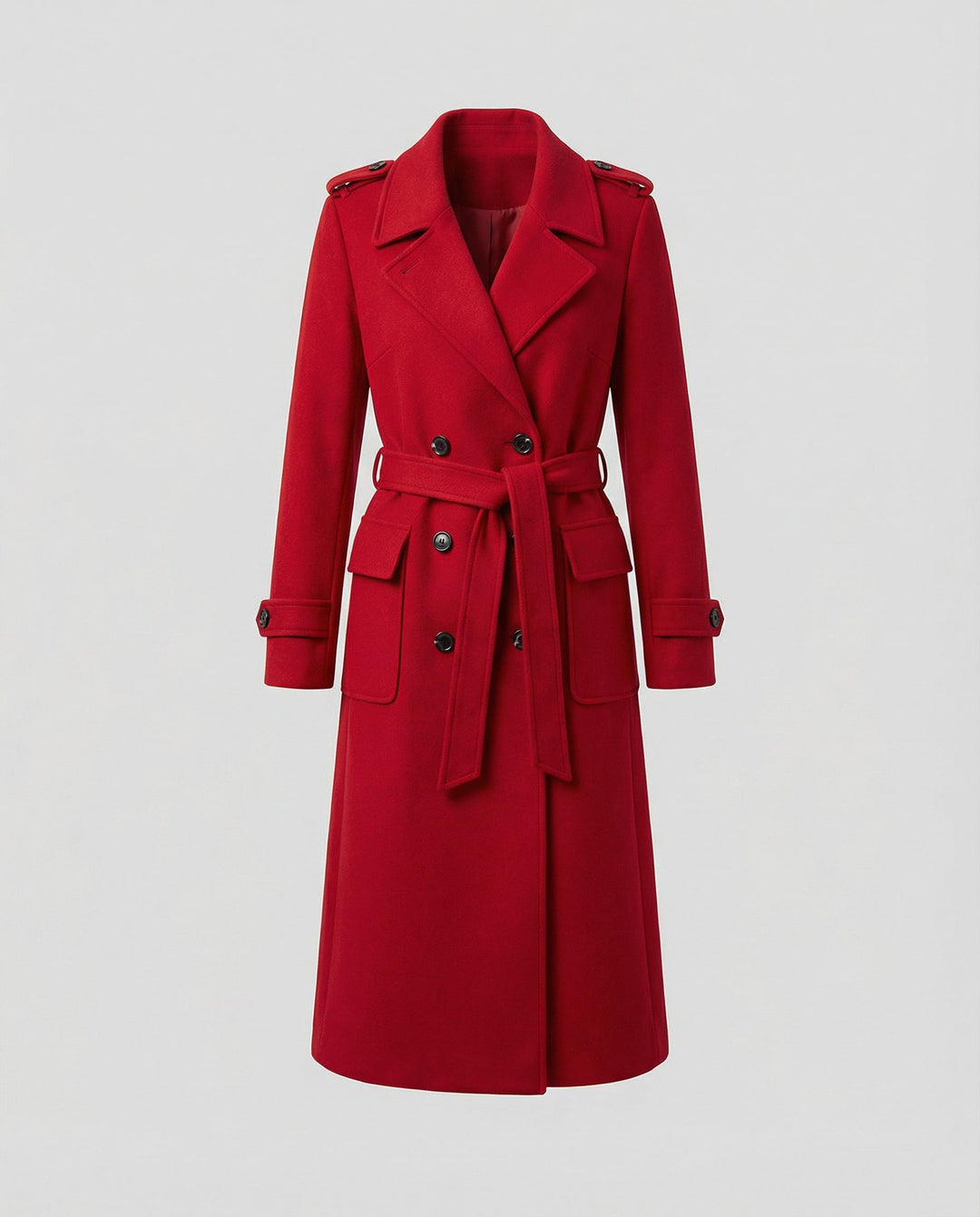 Formal women's elegant full-length coat with a double-breasted front, ideal for cold weather fashion.