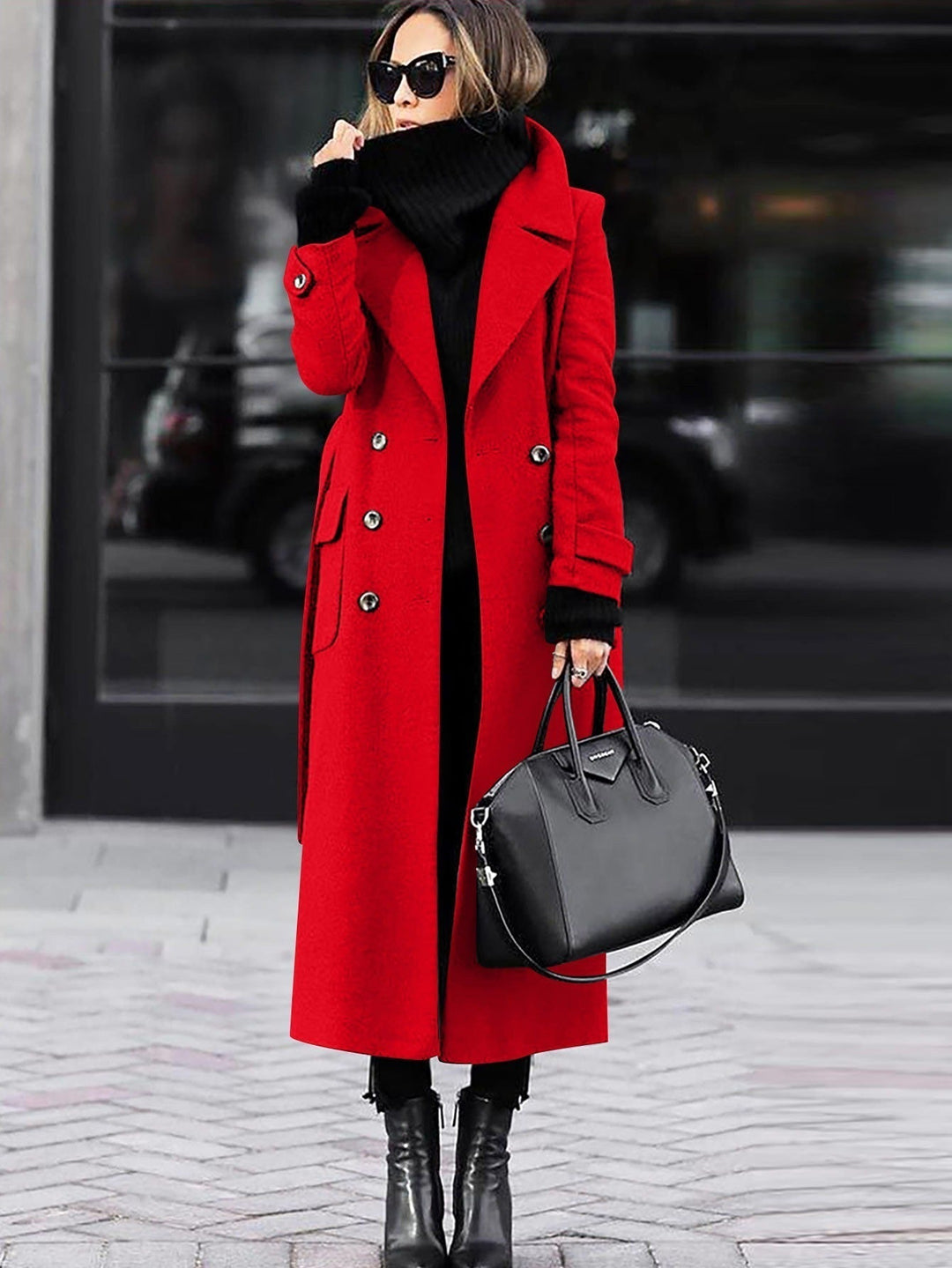 Classic women's full-length double-breasted coat, a formal and elegant tailored jacket for winter.