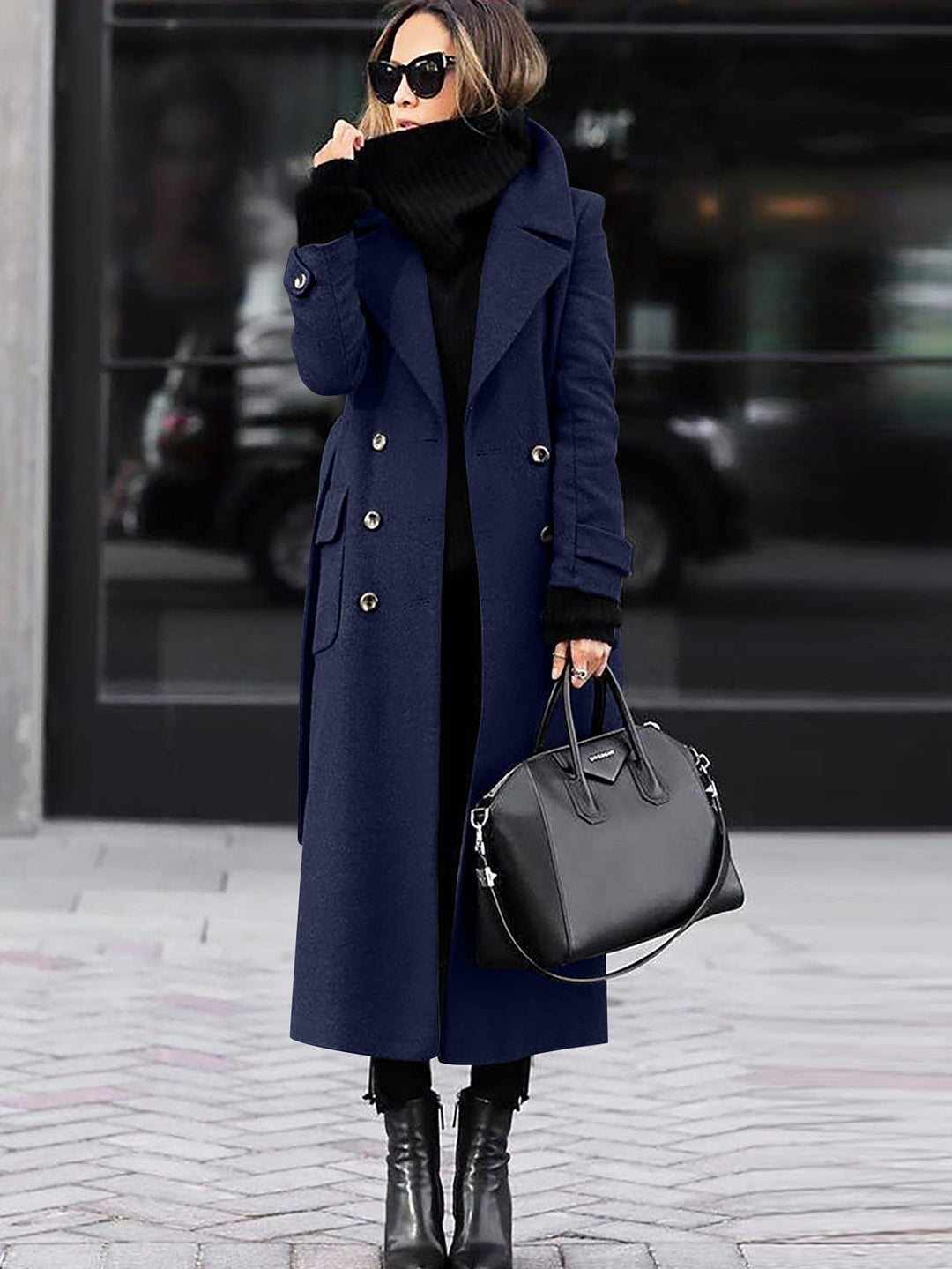 Chic women's elegant full-length coat, double-breasted design, ideal tailored outerwear for cold weather.