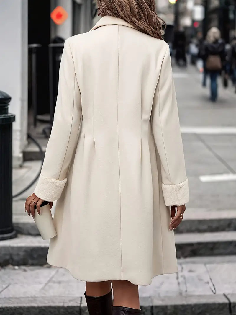 Women's double-breasted long apricot formal coat, sophisticated and elegant outerwear