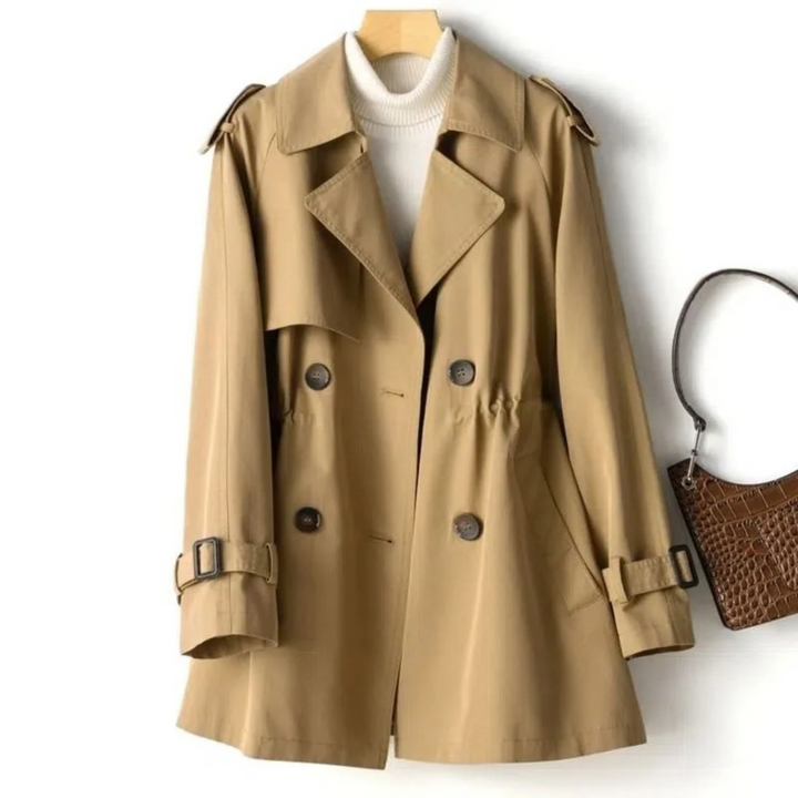 Stylish women's long trench coat with double-breasted front, a fashionable and versatile fall jacket