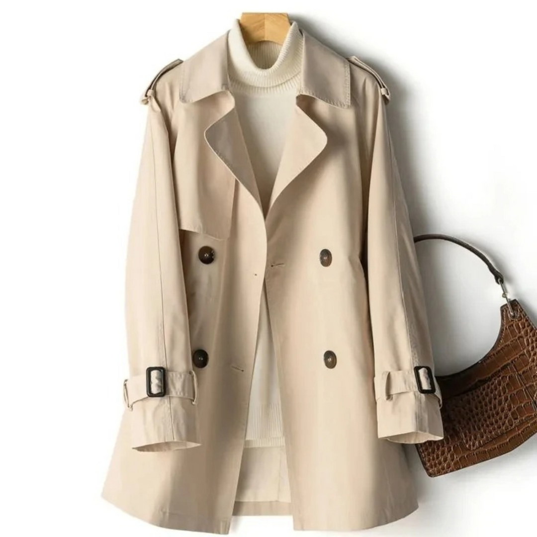 Graceful women's double-breasted long trench coat, a timeless and elegant piece of outerwear