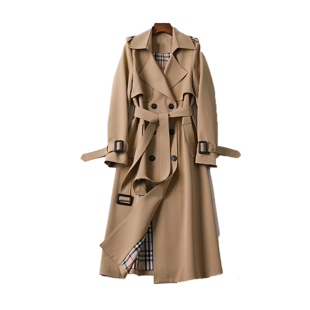 Elegant women's double-breasted long trench coat with belt, perfect for spring and fall fashion
