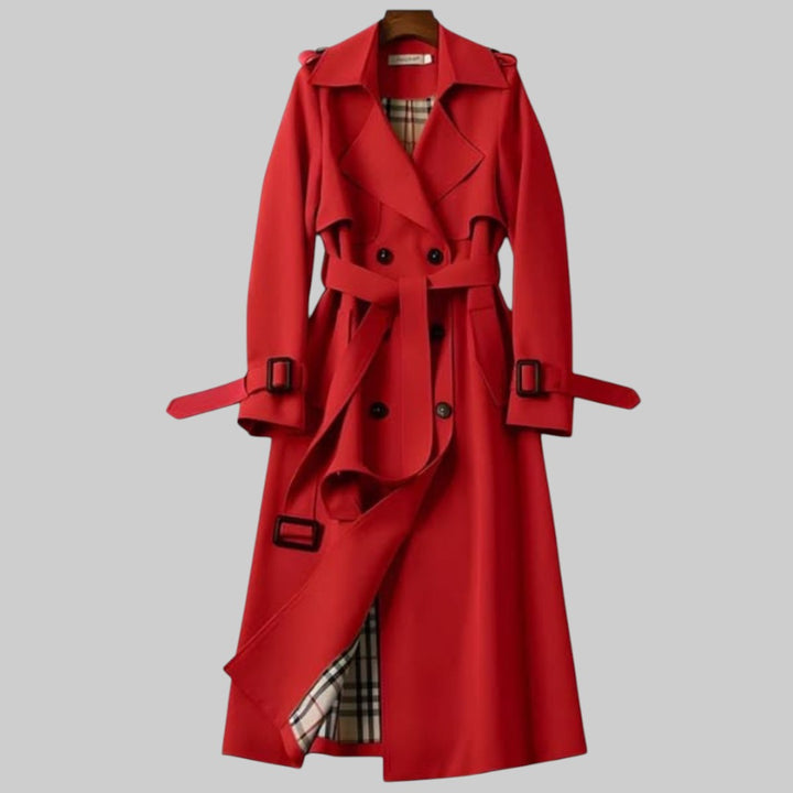Sophisticated women's classic long trench coat with double-breasted design and cinched belt, ideal for elegant layering.