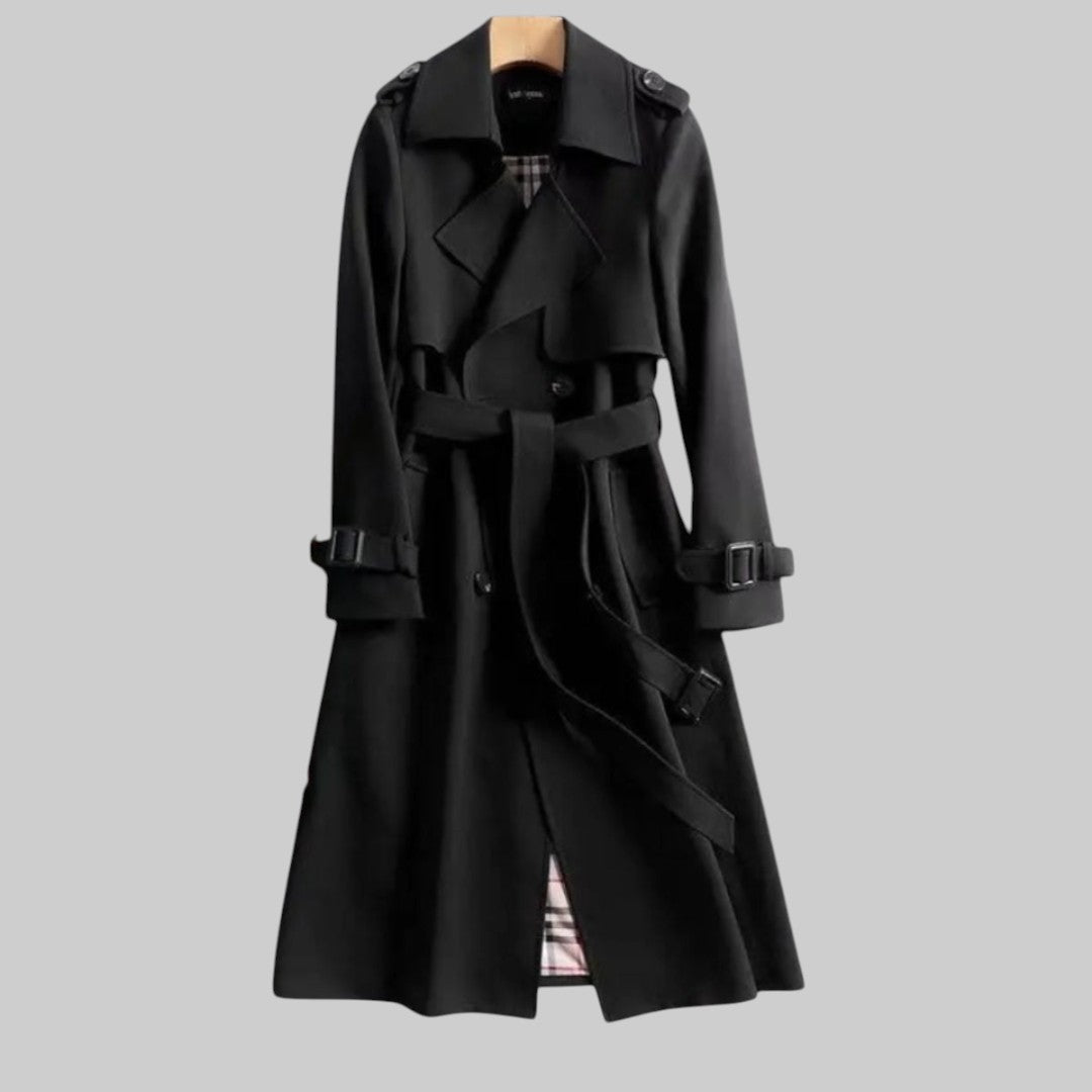 Women's fall & winter double-breasted long trench coat with adjustable belt, offering sophisticated warmth and style.