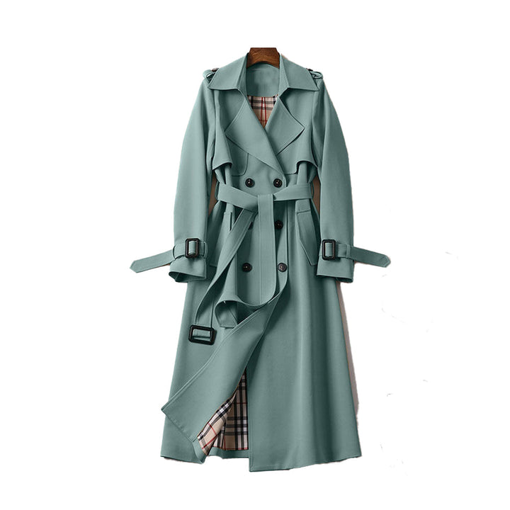 Fashionable women's long belted coat, a versatile double-breasted trench for any season