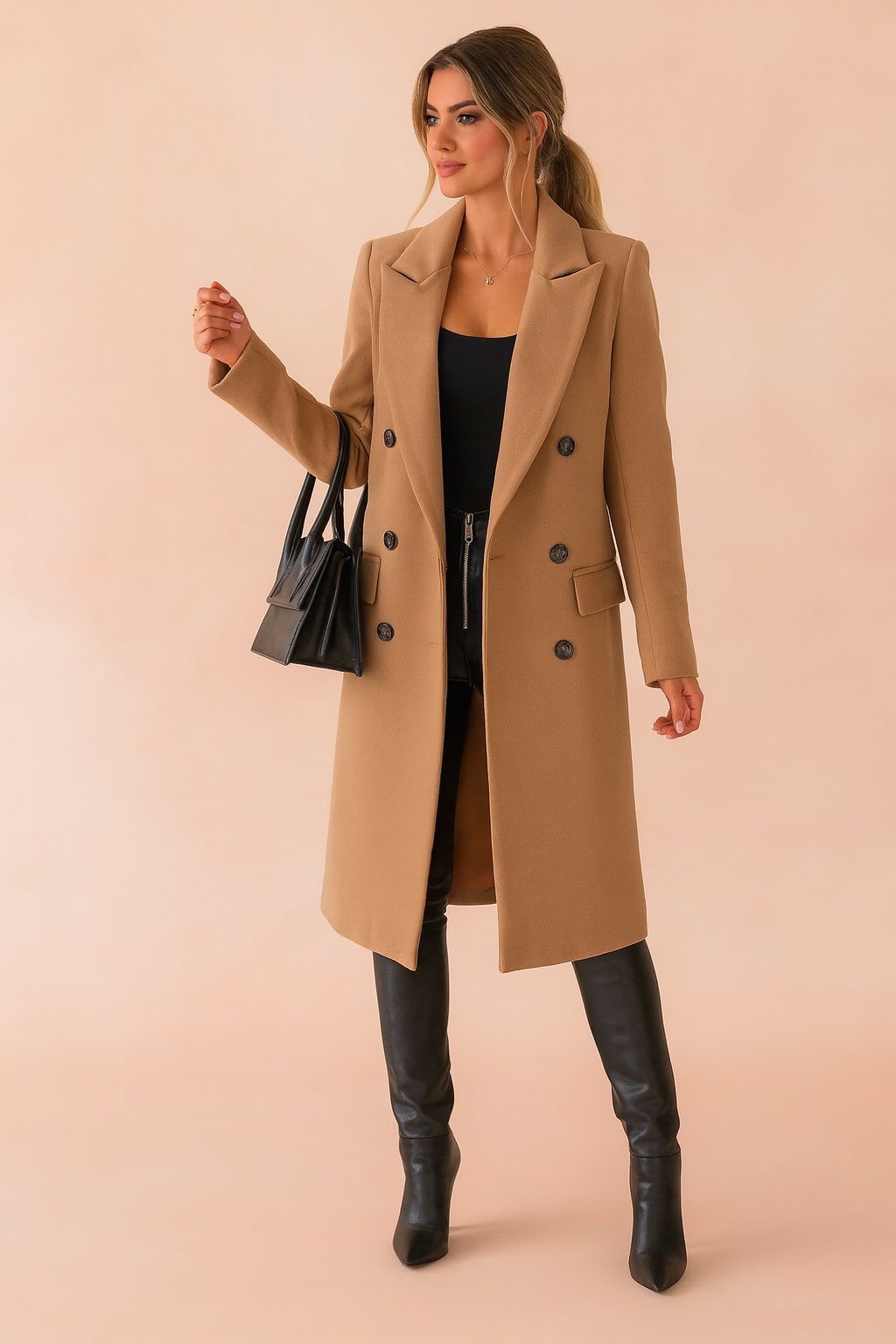 Elegant women's double-breasted long winter coat in a classic style, ideal for business and formal cold weather outerwear.