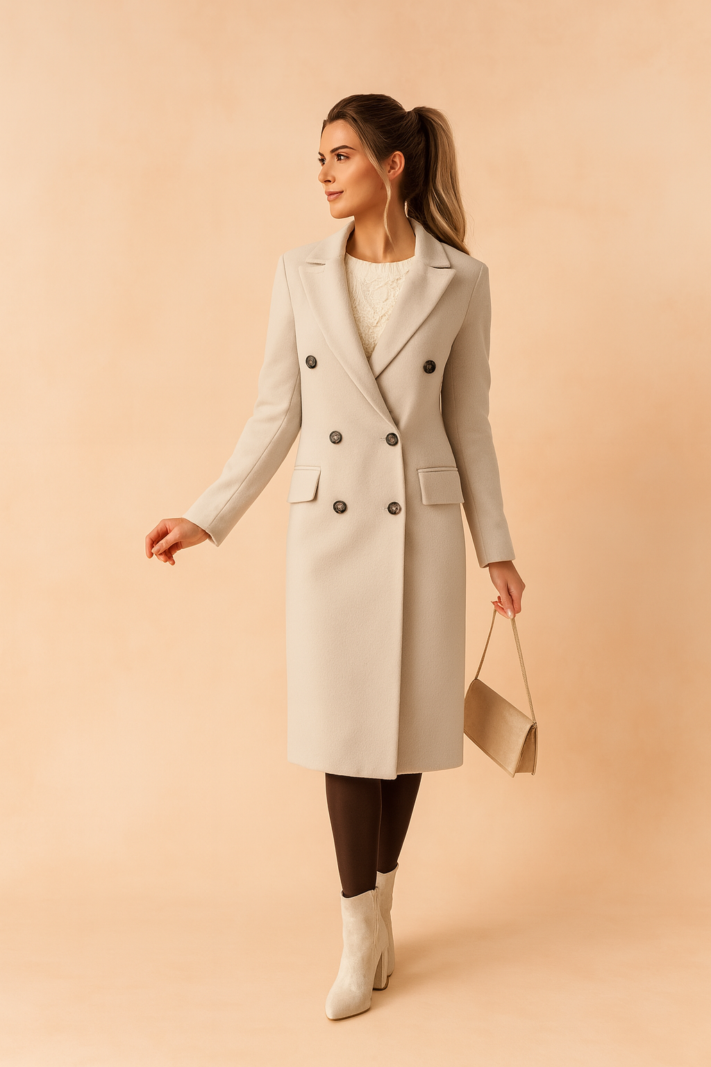 Sophisticated women's long winter coat, double-breasted design, offering warmth and style for elegant cold weather fashion.