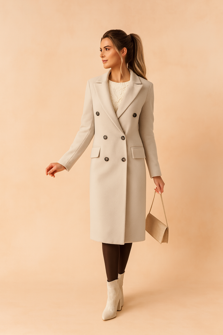Sophisticated women's long winter coat, double-breasted design, offering warmth and style for elegant cold weather fashion.