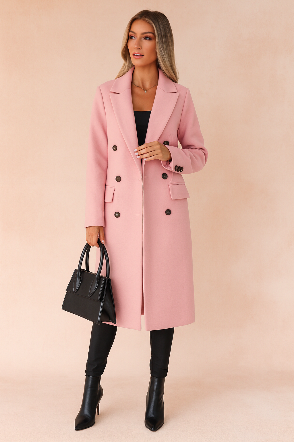 Classic double-breasted long winter coat for women, featuring elegant buttons and lapels, essential for chic cold weather wear.