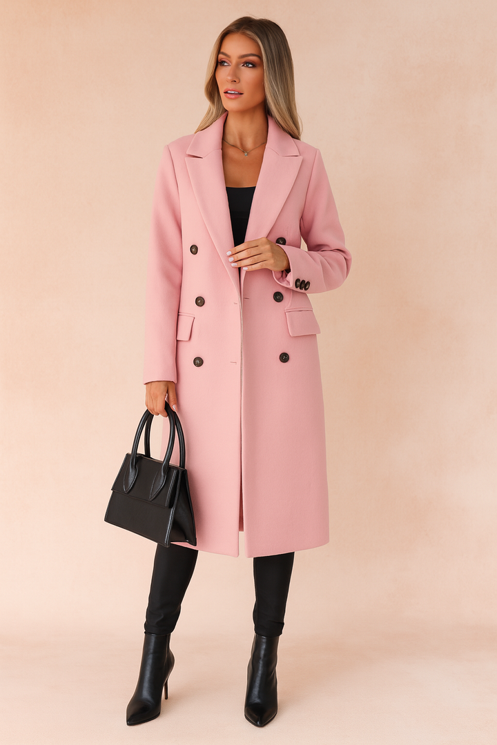 Classic double-breasted long winter coat for women, featuring elegant buttons and lapels, essential for chic cold weather wear.