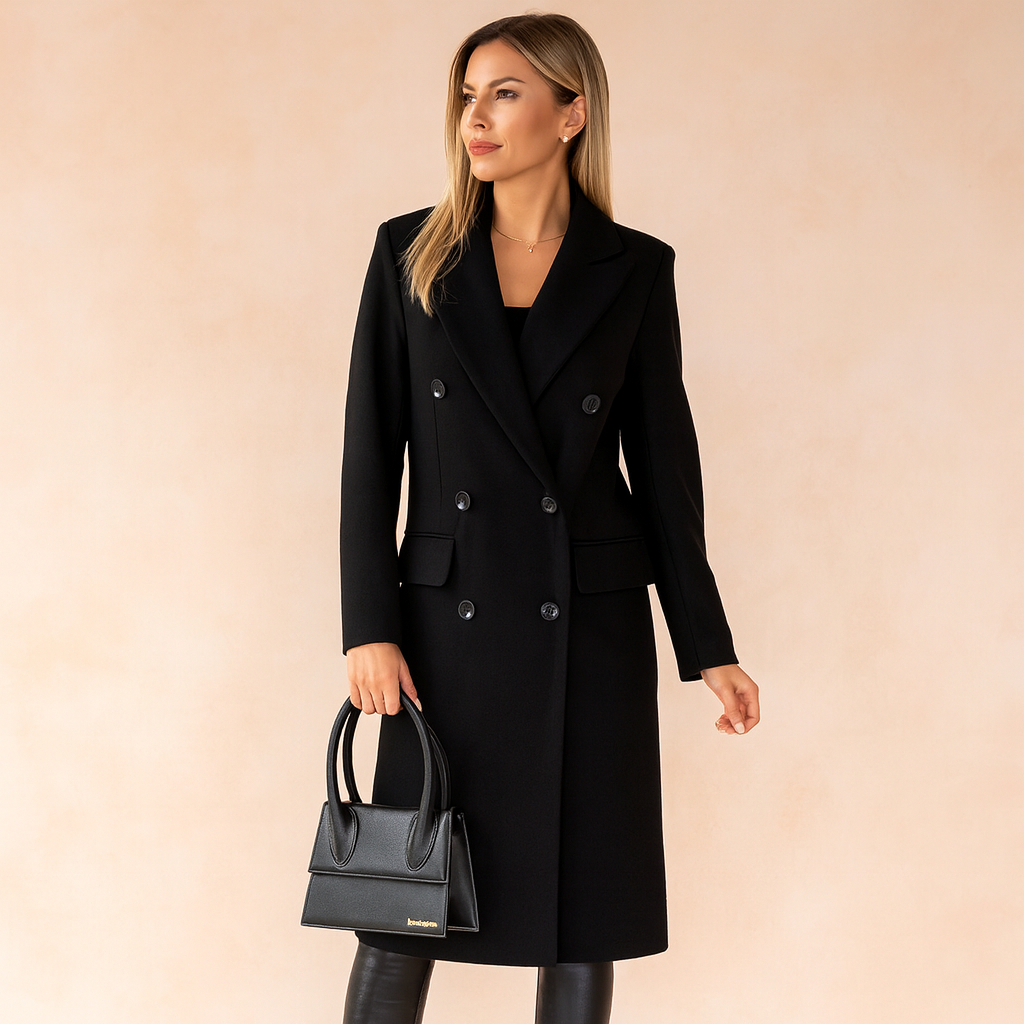 Fashionable women's double-breasted long winter coat, providing warmth and an elegant look for winter and business occasions.