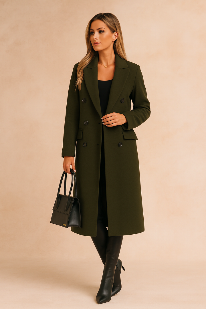 Premium women's elegant double-breasted long winter coat, perfect for staying warm and stylish in cold weather business fashion.