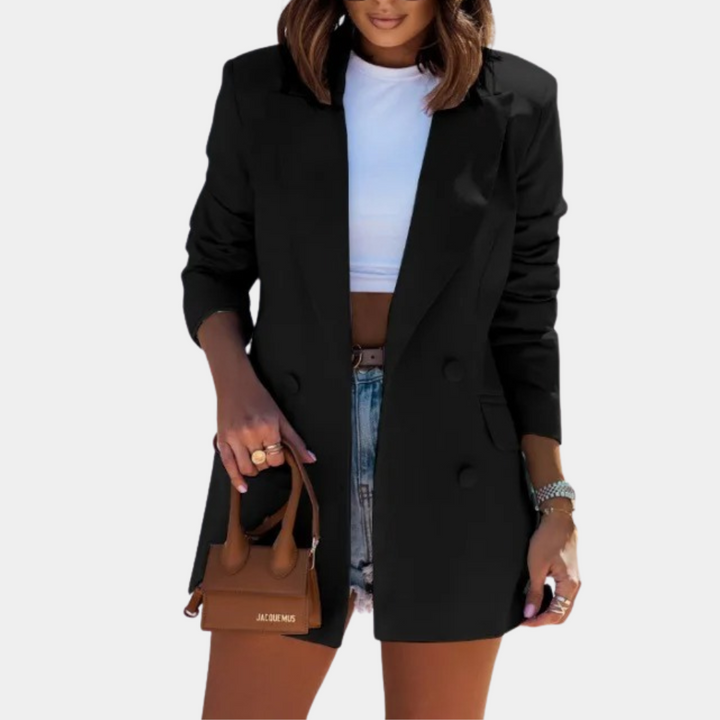 New women's long blazer, double-breasted with stylish buttons, ideal outerwear for spring & fall fashion