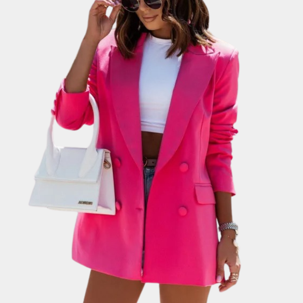 Professional women's polyester blend longline blazer, double-breasted design, suitable for office & casual wear