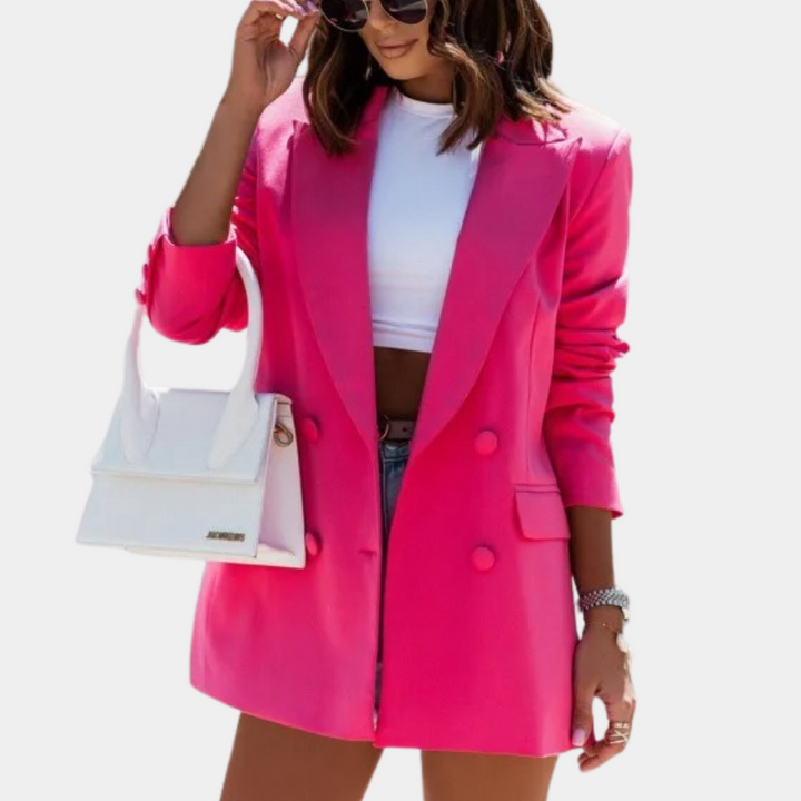 Professional women's polyester blend longline blazer, double-breasted design, suitable for office & casual wear