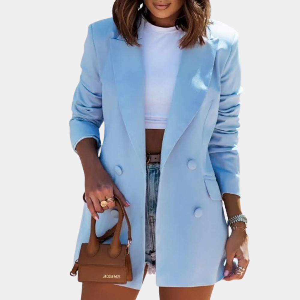 Stylish women's double-breasted blazer, long cut for an elegant silhouette, versatile for work or fashion