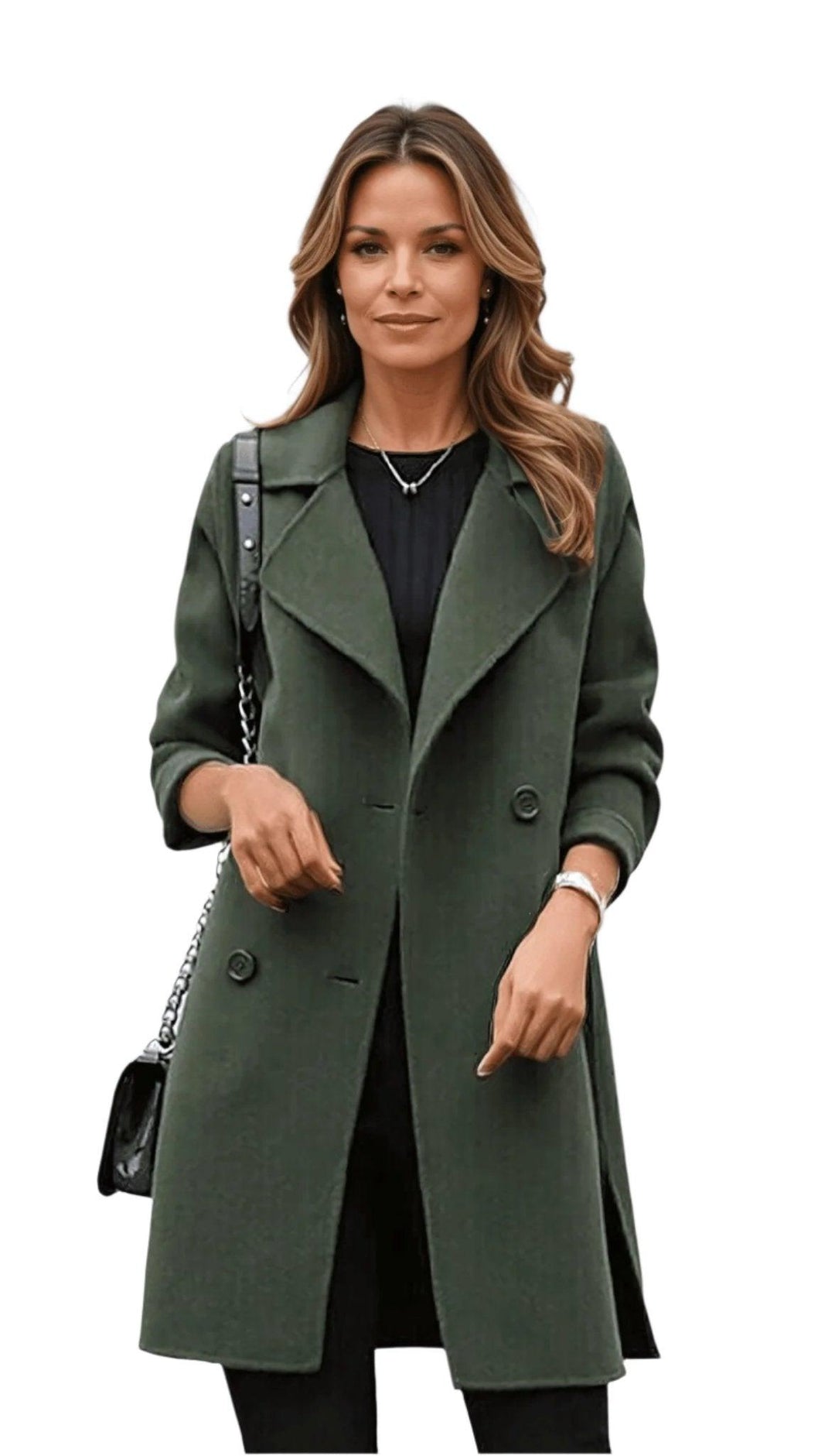 Elegant women's double breasted longline winter coat, a classic and warm outerwear fashion piece.